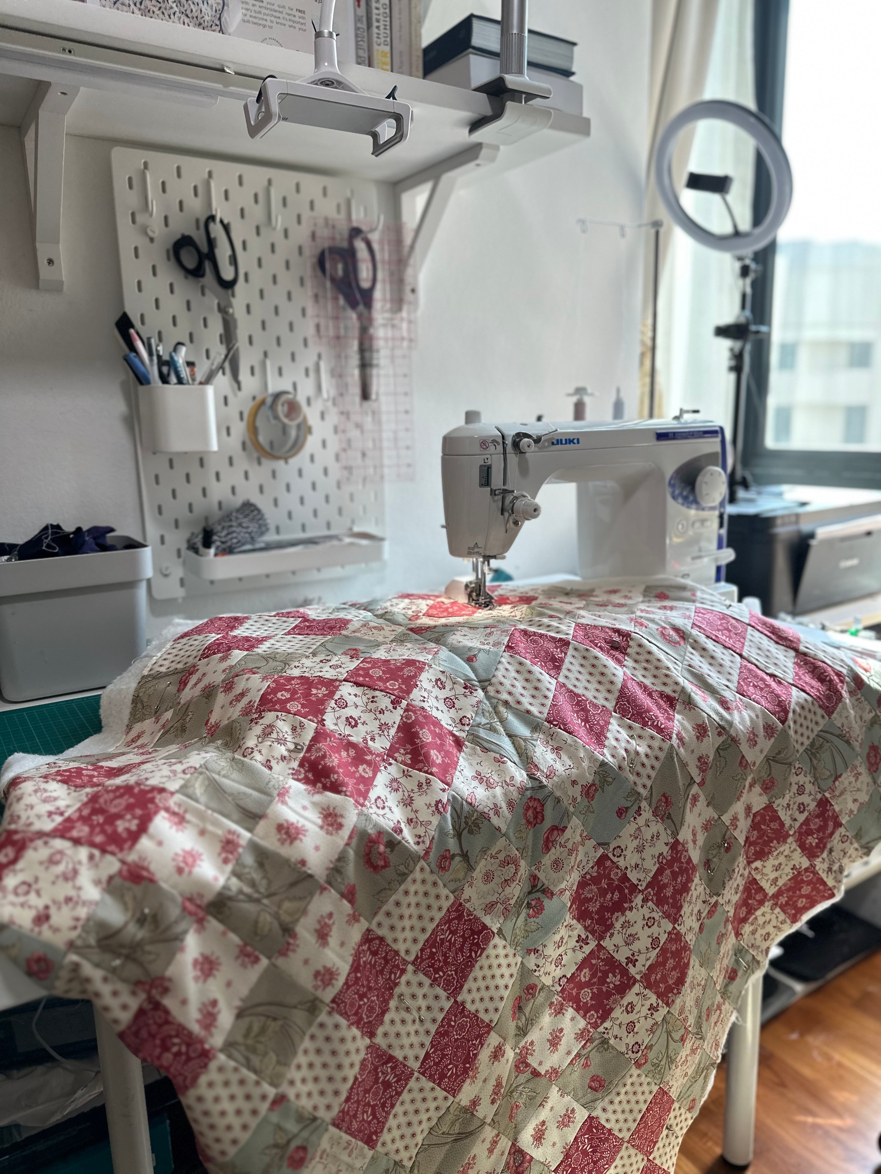 memory quilt on a sewing machine in a sewing studio