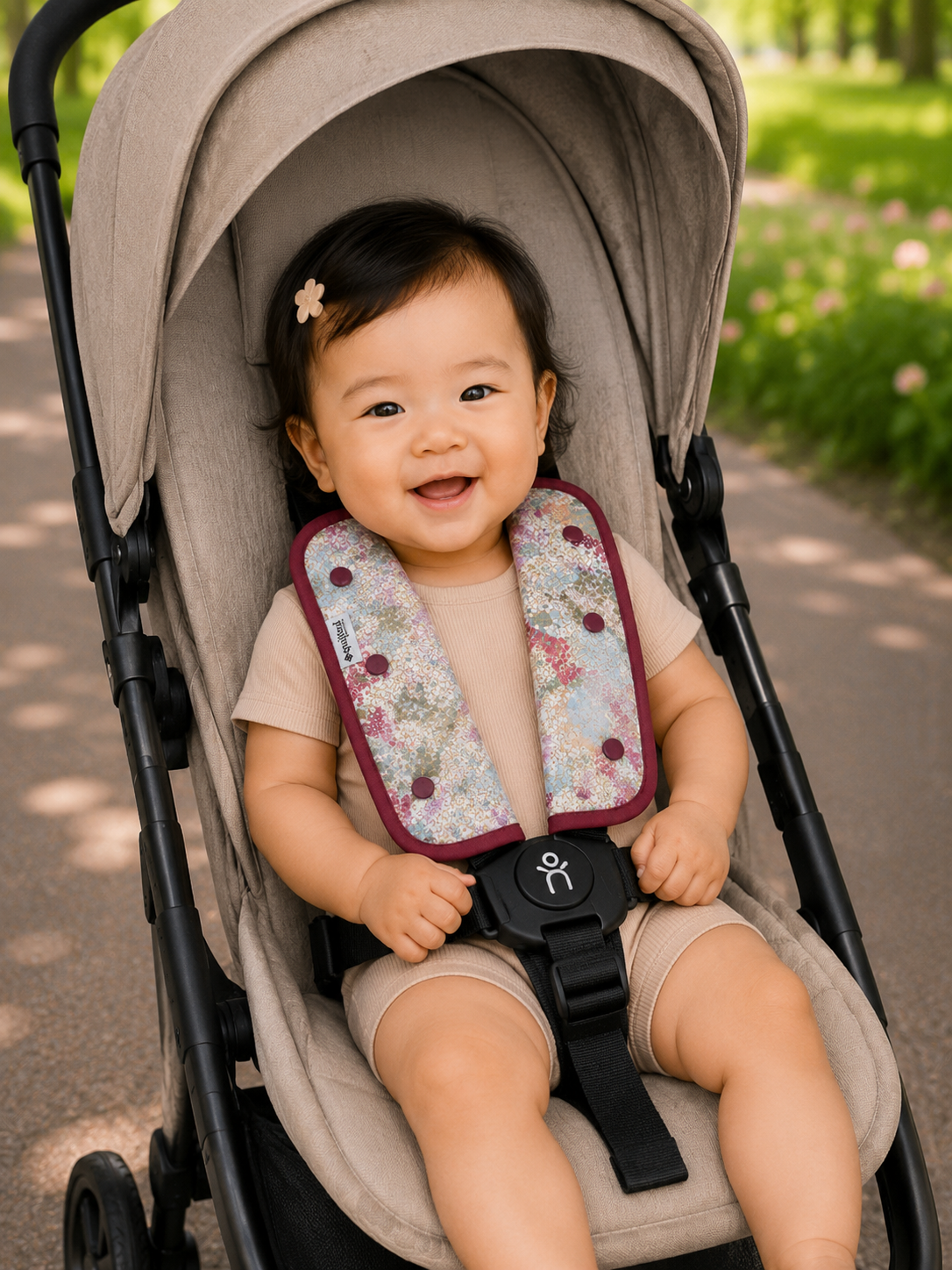 A baby sitting in a beige stroller outdoors, wearing a floral-patterned stroller pad with burgundy trim.