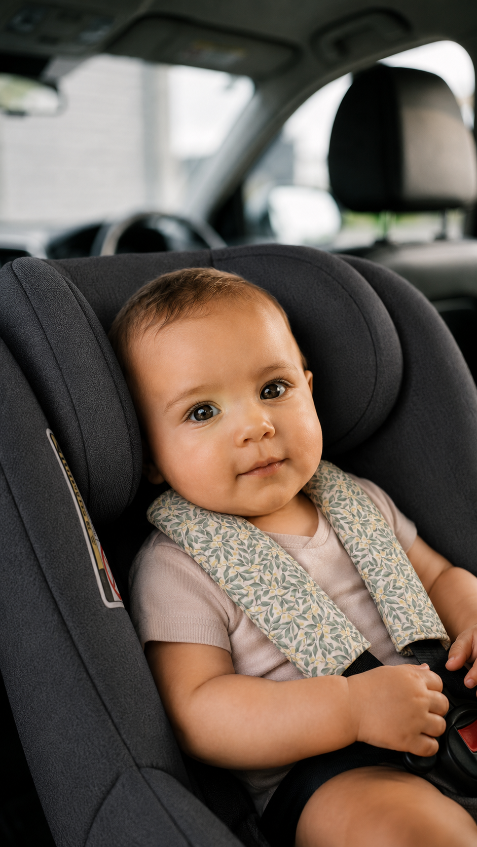 A baby wearing a patterned car seat strap pad sits in a dark gray car seat inside a car, looking directly at the camera.