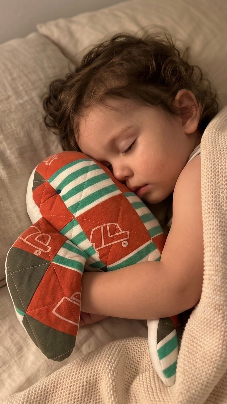 A young child sleeping soundly in bed, wrapped in a beige blanket and resting on a beige pillow, holding a patchwork whale plushie with green and white stripes and red accents.