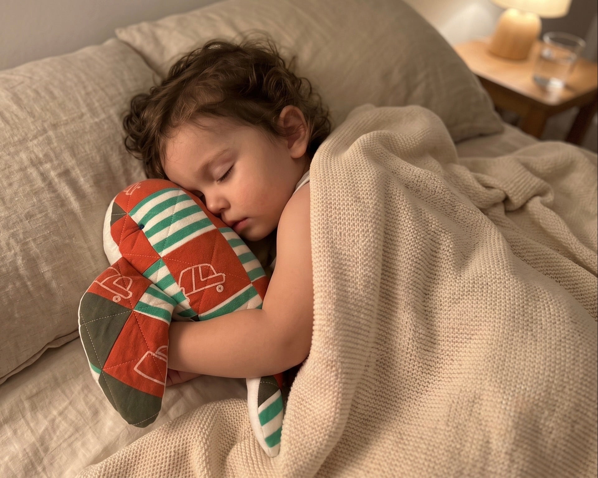 A young child sleeping soundly in bed, wrapped in a beige blanket and resting on a beige pillow, holding apatchwork whale toy with green and white stripes and red accents.