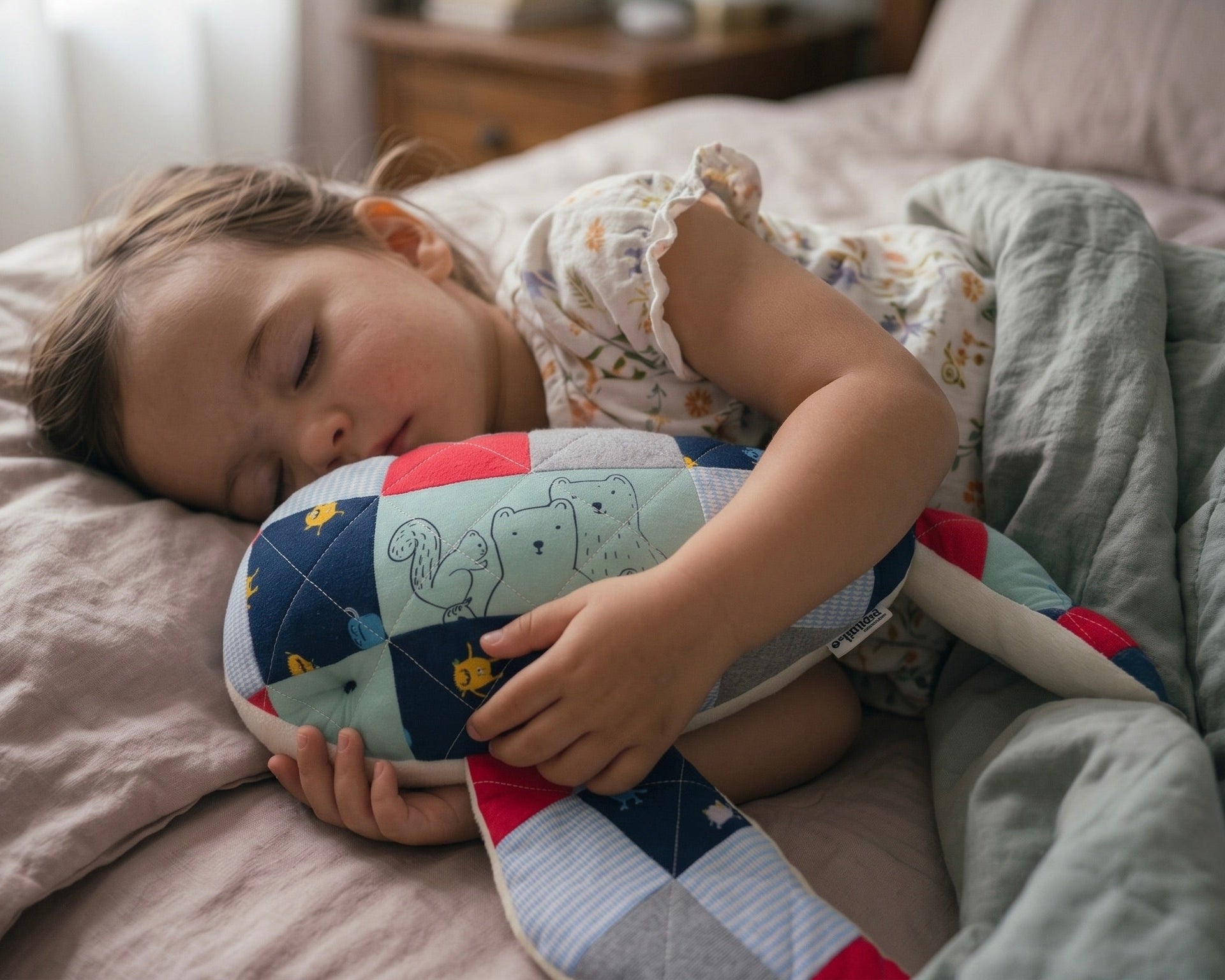A young child sleeping soundly on a bed, hugging a colorful patchwork quilted stuffed whale animal pillow with cartoon animal designs.