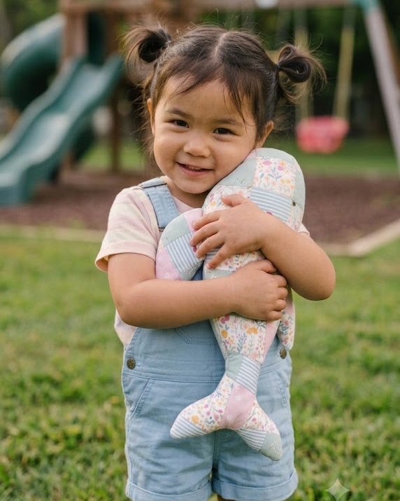 A young child with dark hair in two buns stands on a grassy playground holding a plush whale patchwork toy. The child is wearing light blue denim overalls over a pale pink top.