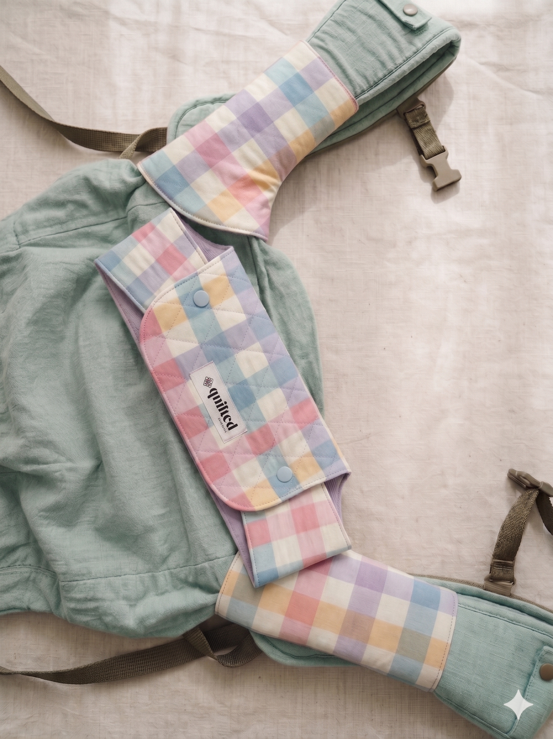 Reversible baby carrier teething pads in modern striped fabric bluebell chekered fabric on blue baby carrier
