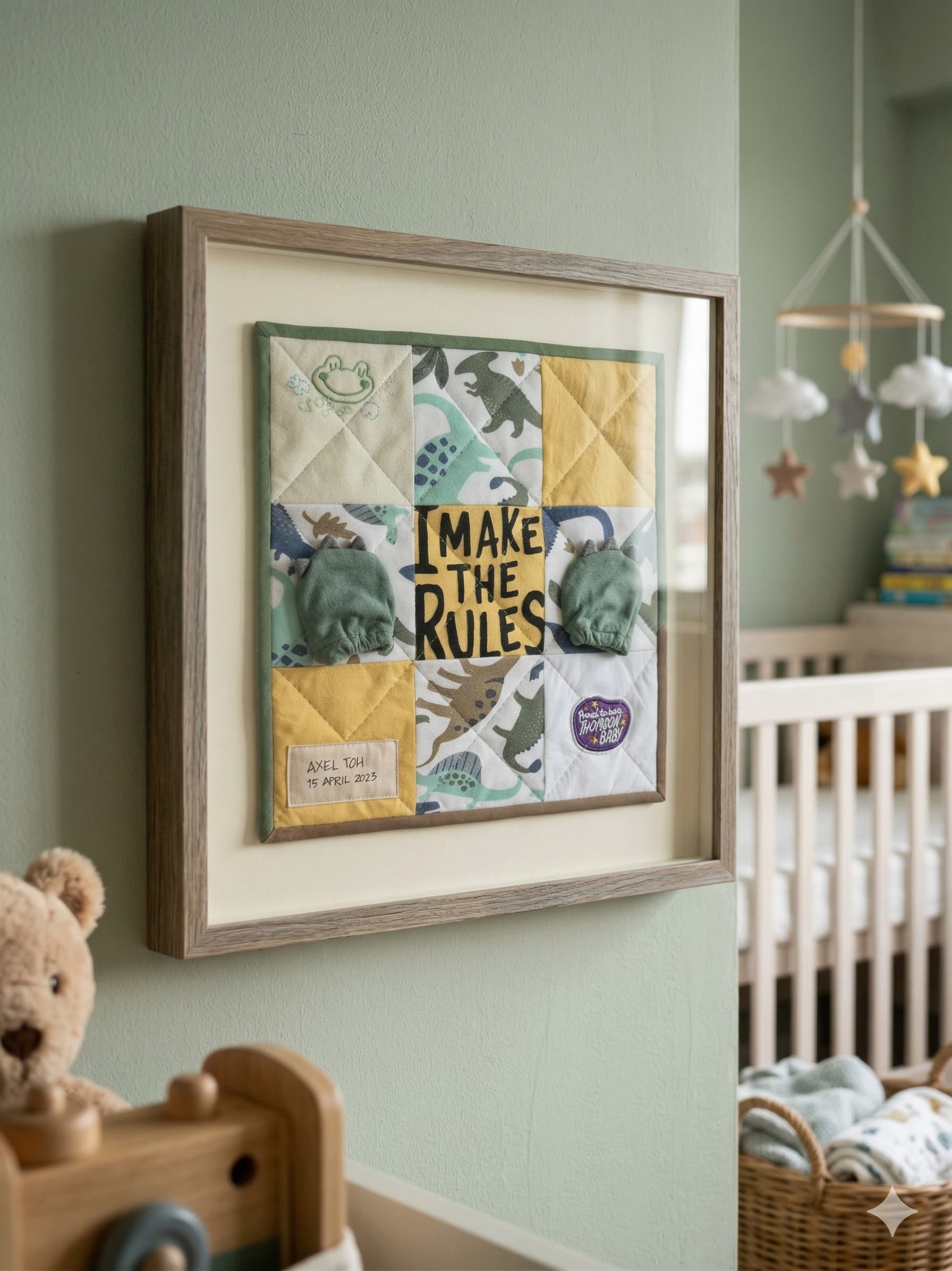 framed memory quilt from baby's clothing 