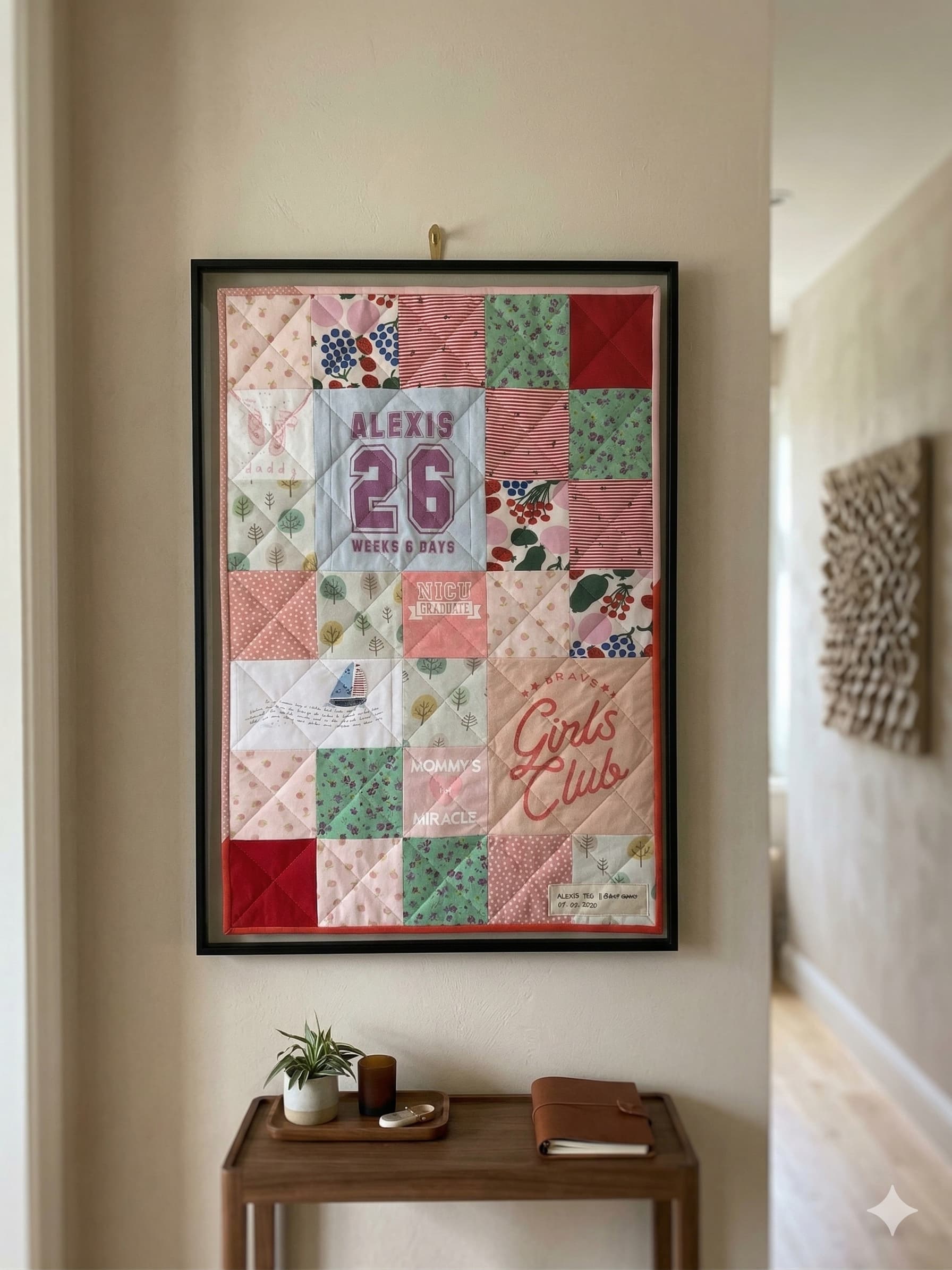 framed memory quilt from baby's clothing 